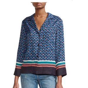 Maje Blue Multi-Spot Silk Blouse with Stripe Trim